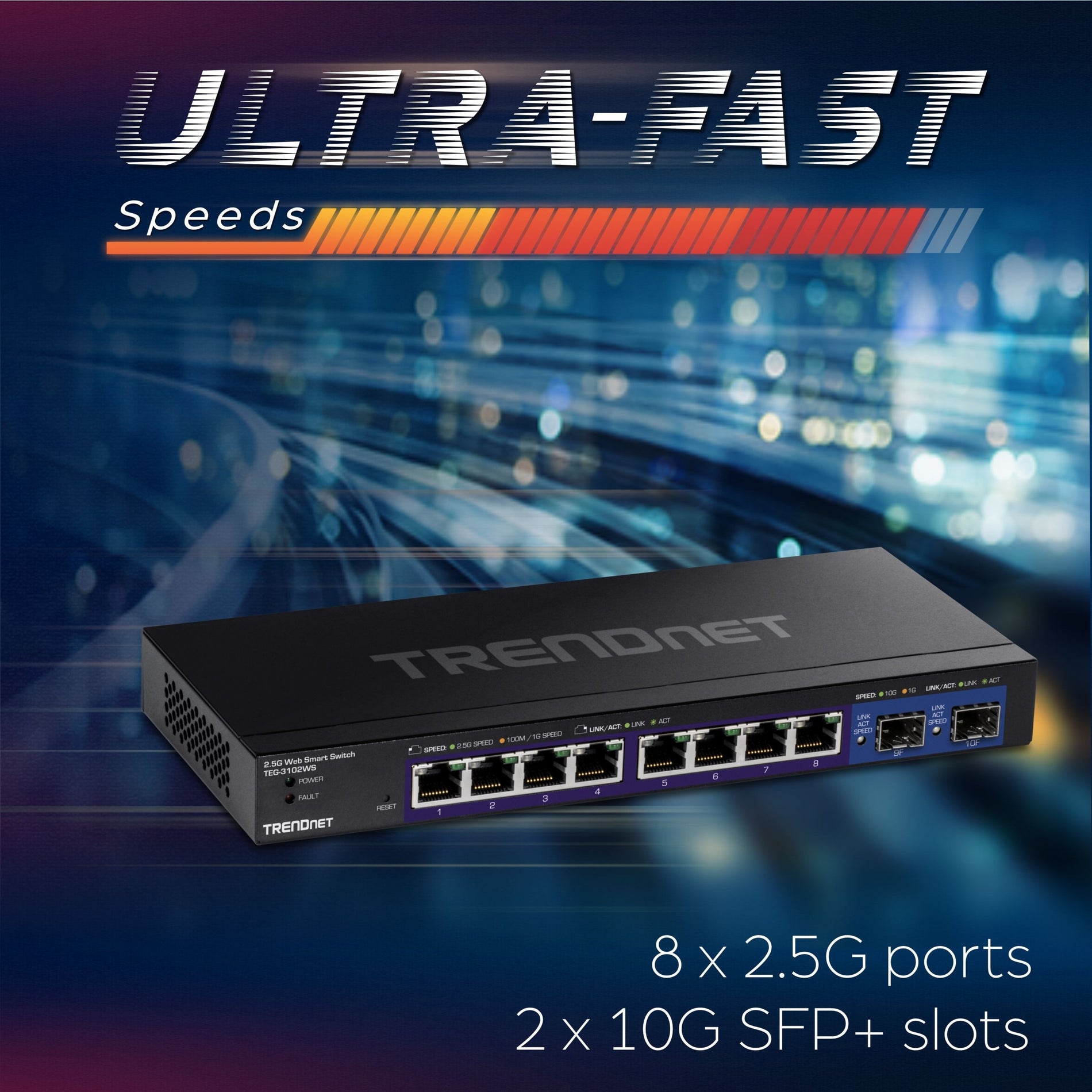 Marketing image showing TRENDnet switch with ultra-fast speed capabilities highlighted-alternate-image5