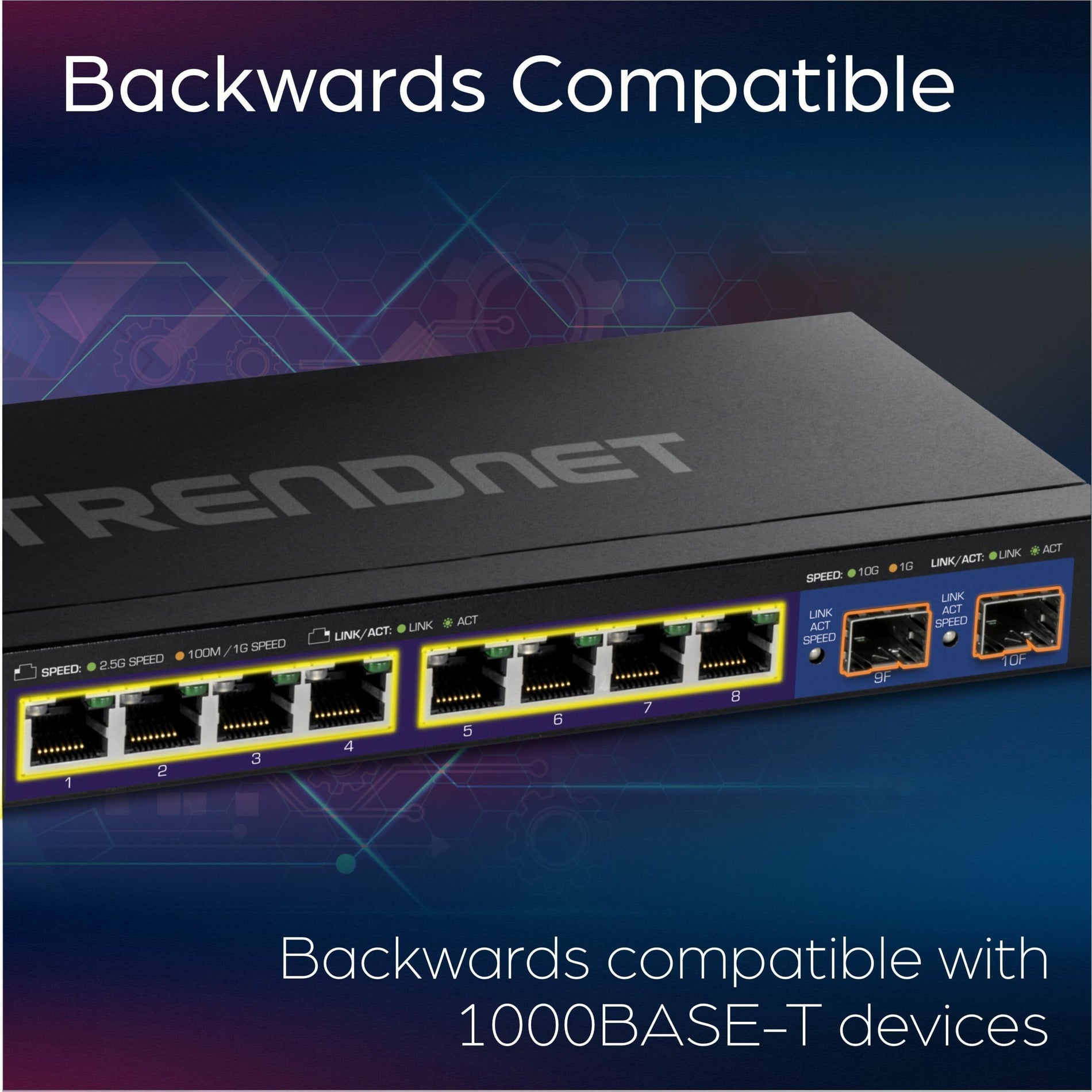 Detailed view of TRENDnet switch ports highlighting backward compatibility features-alternate-image6