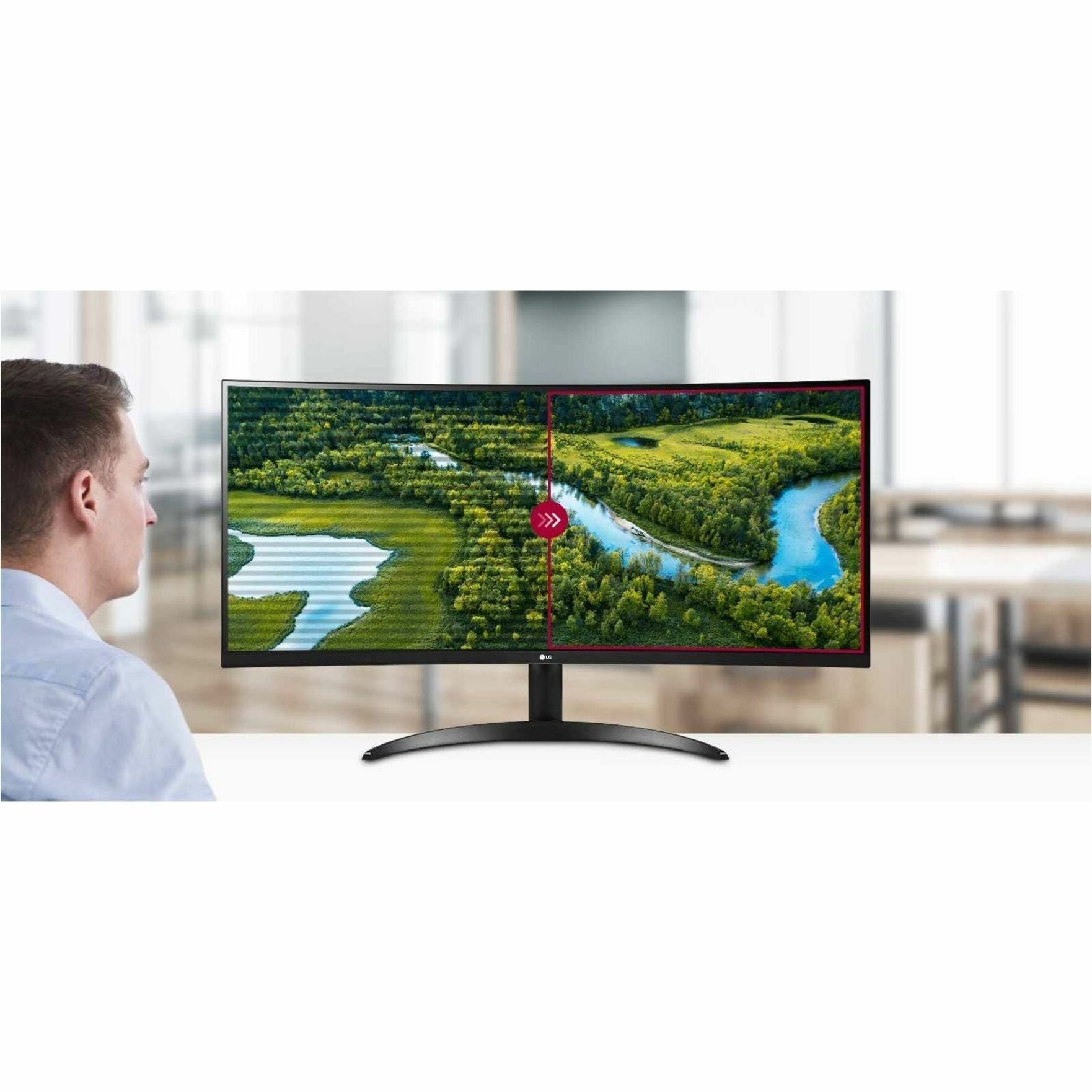 LG 34BQ60QC-B 34" UW-QHD カーブ スクリーン LCDモニター - 21:9、最大解像度3440 x 1440、HDMI と DisplayPort インターフェース 文字列を翻訳します。LGを翻訳すると「LG（エルジー）」となります。