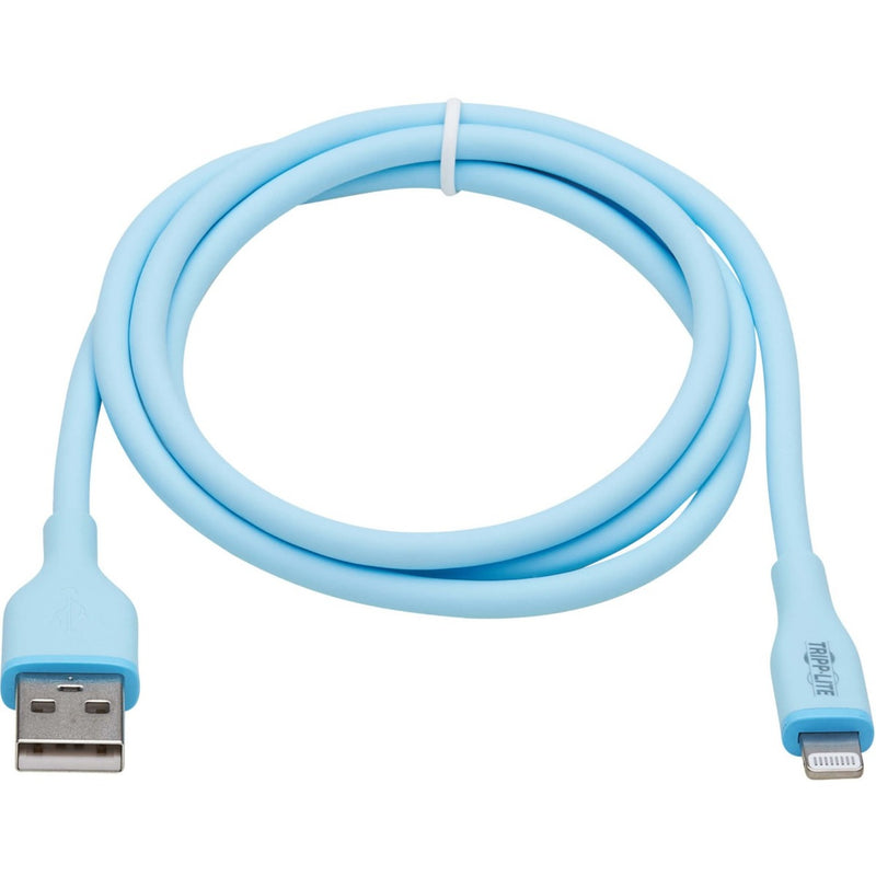 Light blue Lightning to USB-A cable with flexible silicone jacket showing full cable length