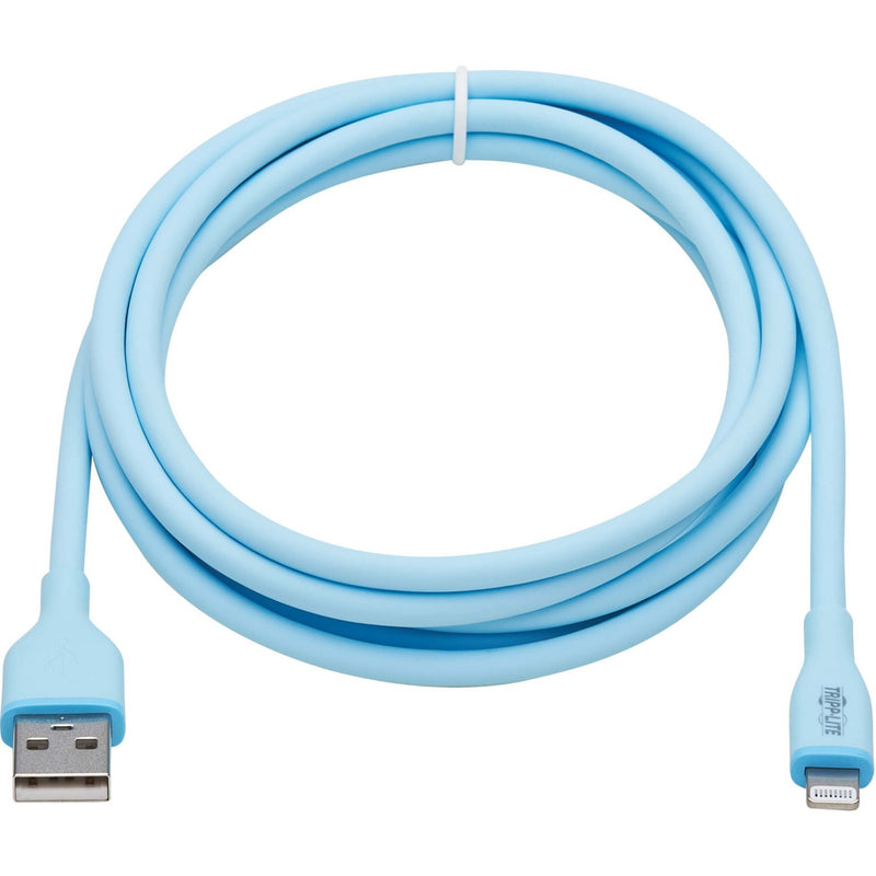 Light blue Lightning to USB cable with flexible silicone jacket showing full cable length and connectors