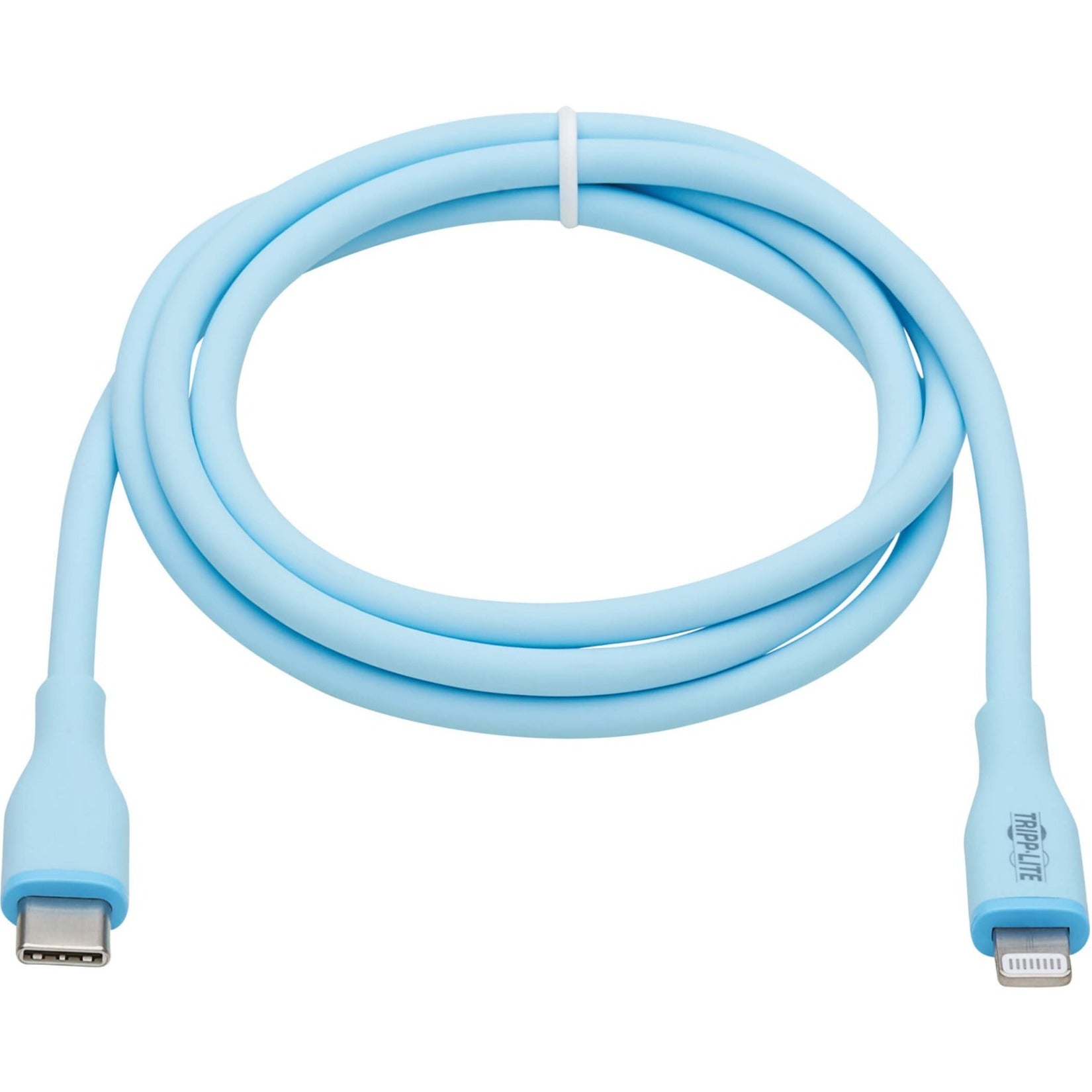 Light blue Lightning to USB-C cable with soft silicone jacket shown in coiled position-alternate-image1