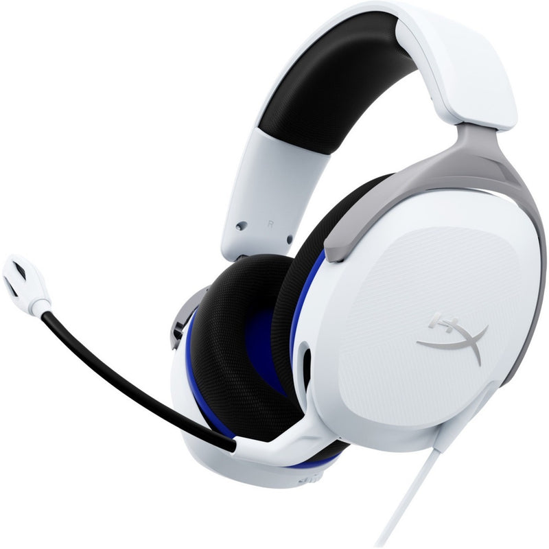 White HyperX CloudX Stinger 2 Core gaming headset with blue accents and adjustable microphone, side view