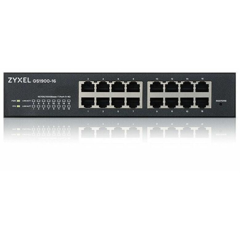 Front view of ZYXEL GS1900-16 switch highlighting network infrastructure capabilities