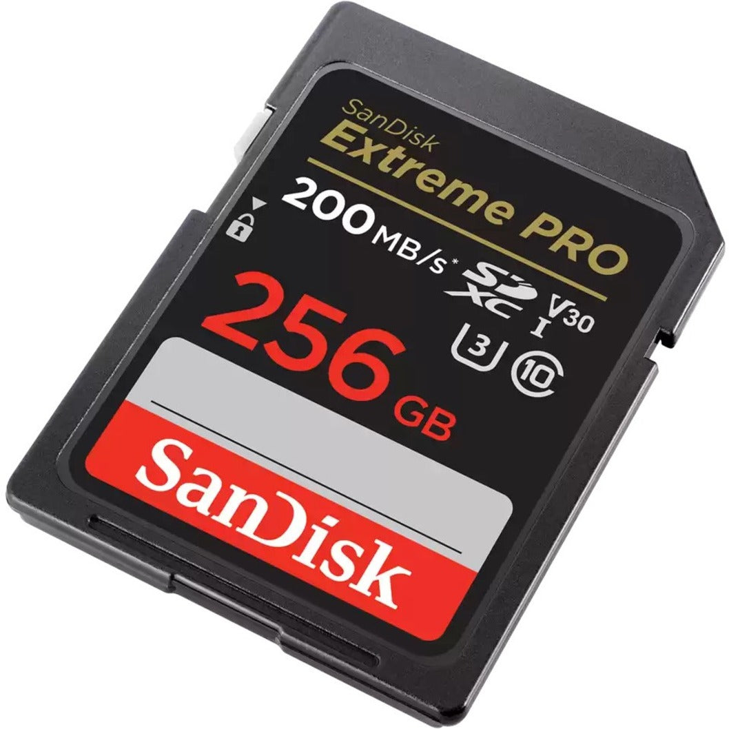 SanDisk Extreme PRO 256GB SDXC card tilted view highlighting security features and professional certifications-alternate-image3