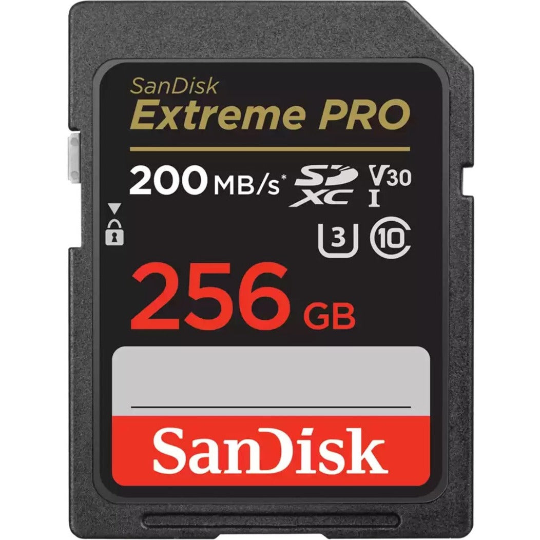 SanDisk Extreme PRO 256GB SDXC memory card front view showing speed and capacity specifications-alternate-image1