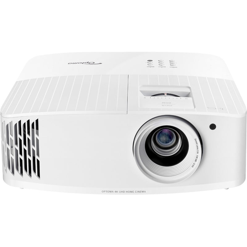 Front view of white Optoma UHD35x 4K projector showing lens and ventilation design