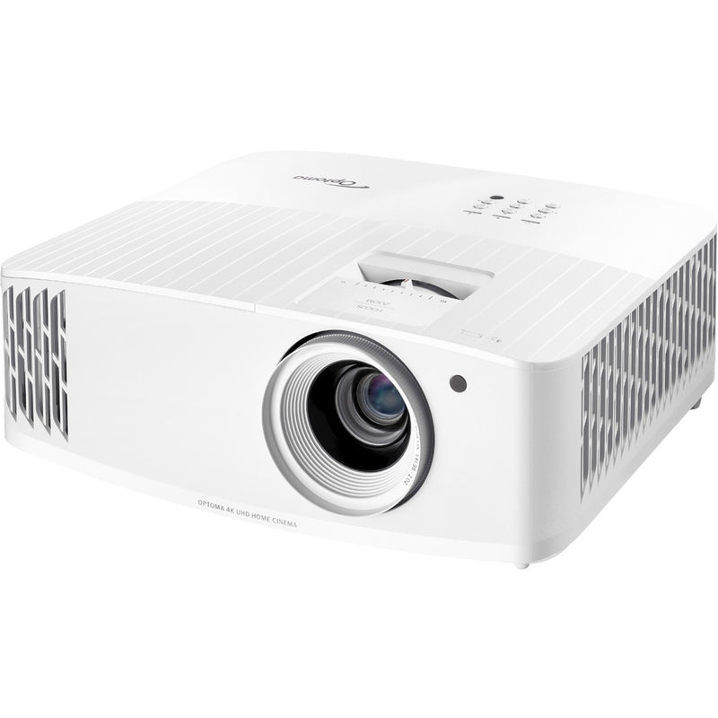 Angled view of Optoma UHD35x projector emphasizing lens quality