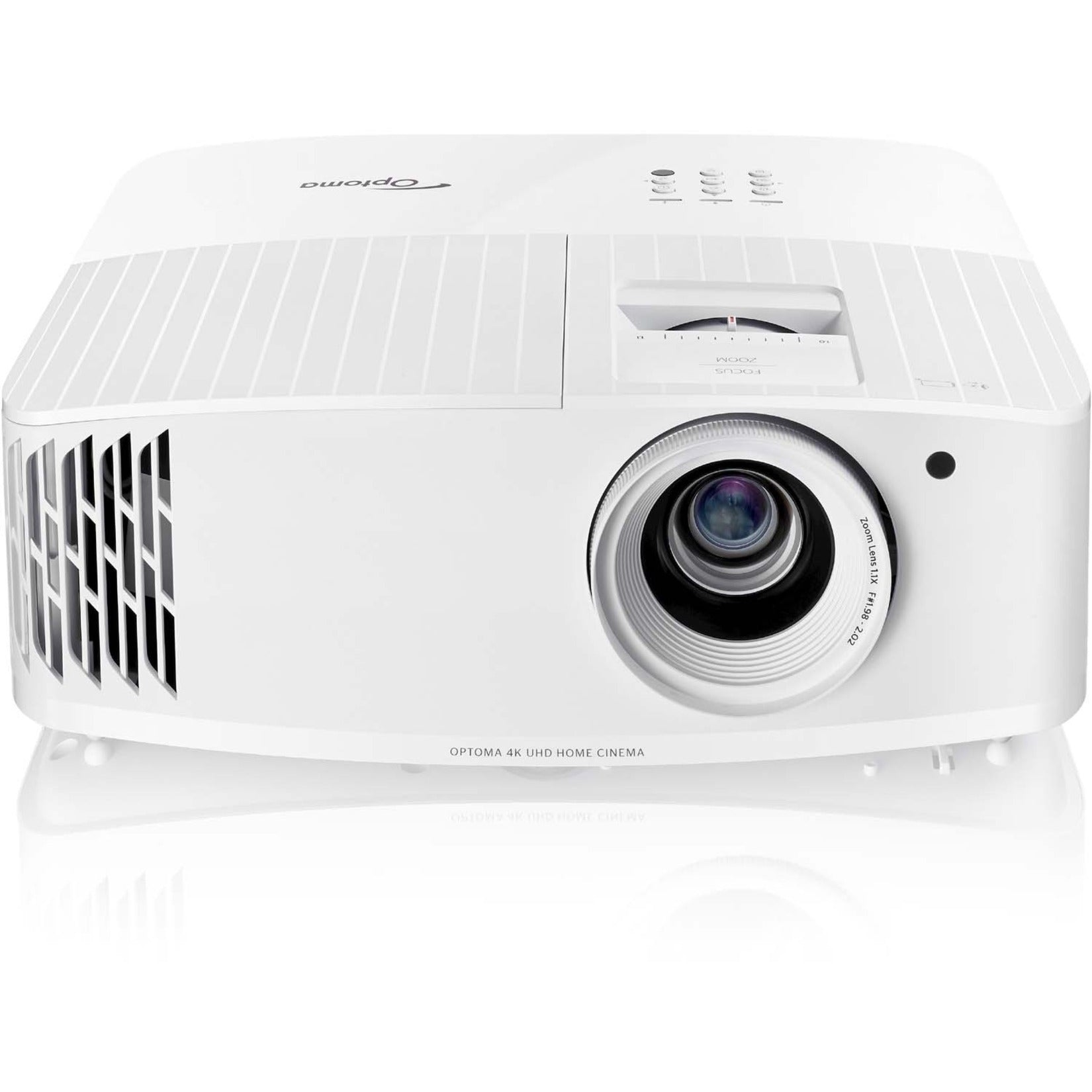 Three-quarter view of Optoma UHD38x projector highlighting its modern design and control interface-alternate-image2