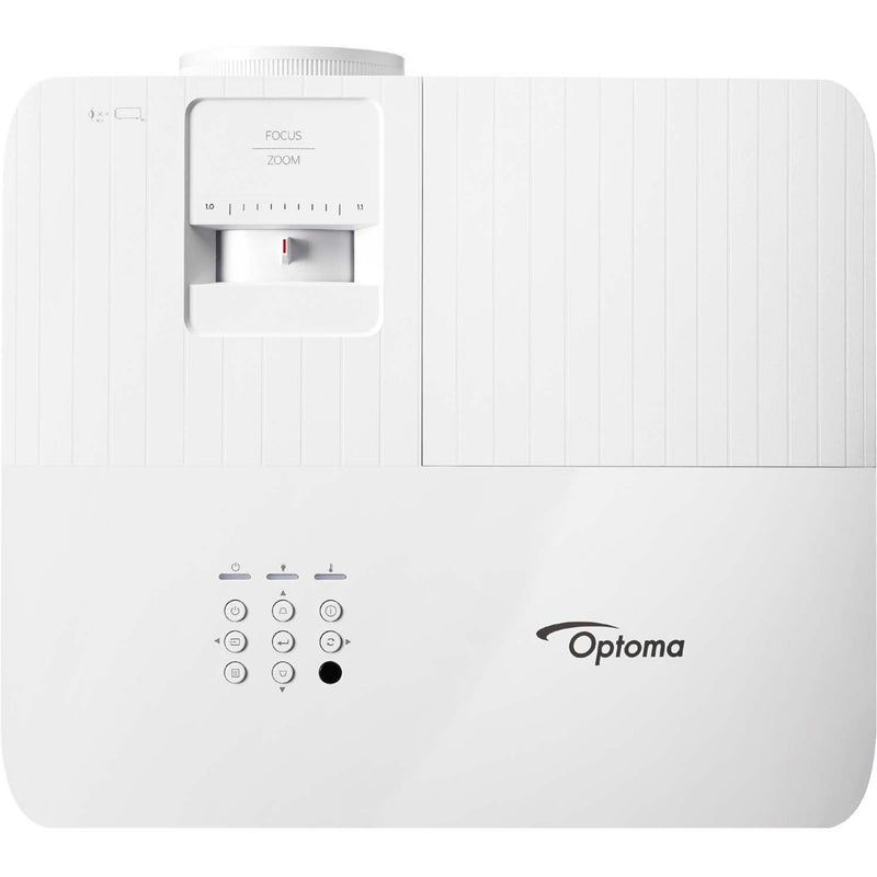 Top view of Optoma UHD38x showing control panel and focus/zoom adjustments