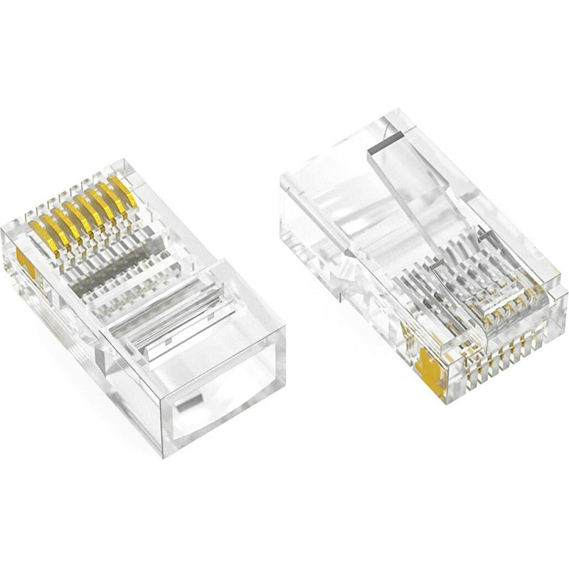 Clear polycarbonate RJ45 network connectors with gold-plated contacts shown from two angles