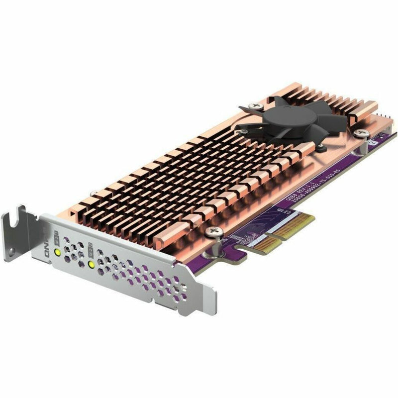 Angled view of QNAP QM2-2P-344A showing heatsink and PCIe interface