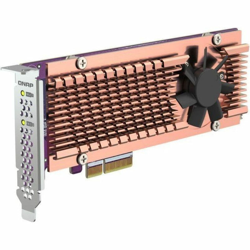 QNAP QM2-2P-344A PCIe expansion card with copper heatsink and active cooling fan