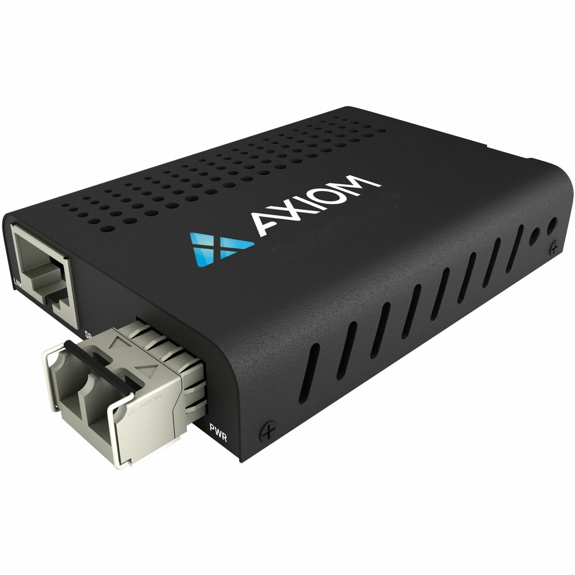 Axiom Mini media converter showing RJ-45 and LC fiber ports in black compact housing with ventilation holes-alternate-image1