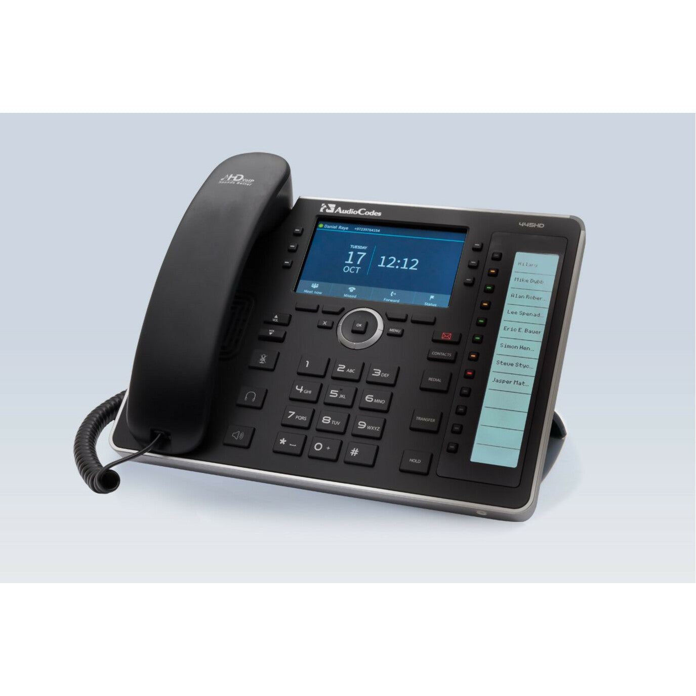 AudioCodes 445HD IP Phone with 4.3-inch color display and secondary LCD screen showing contact list-alternate-image2