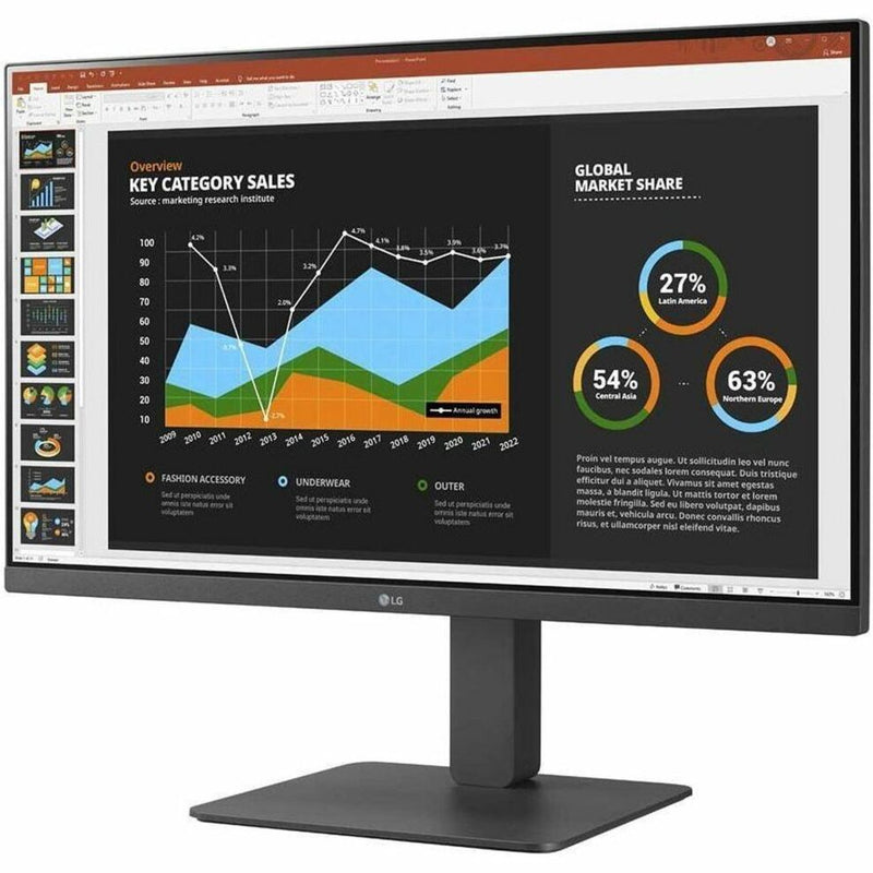 Front view of LG 27BR650B-C monitor displaying business analytics dashboard