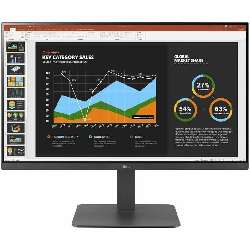 Straight-on view of LG monitor with market analysis presentation