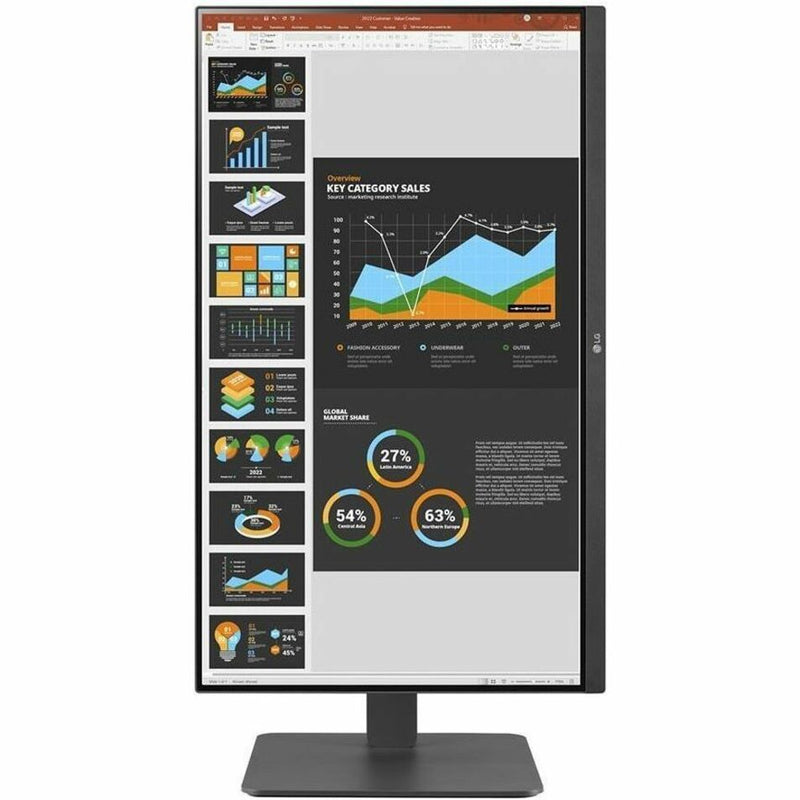 LG monitor in vertical orientation showing presentation