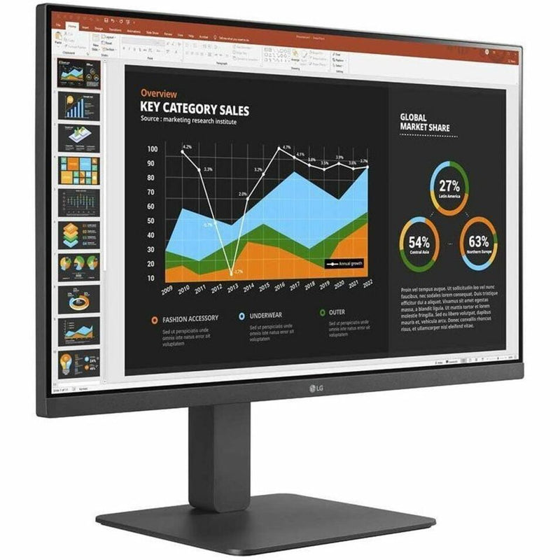 Angled view of LG monitor showing business data