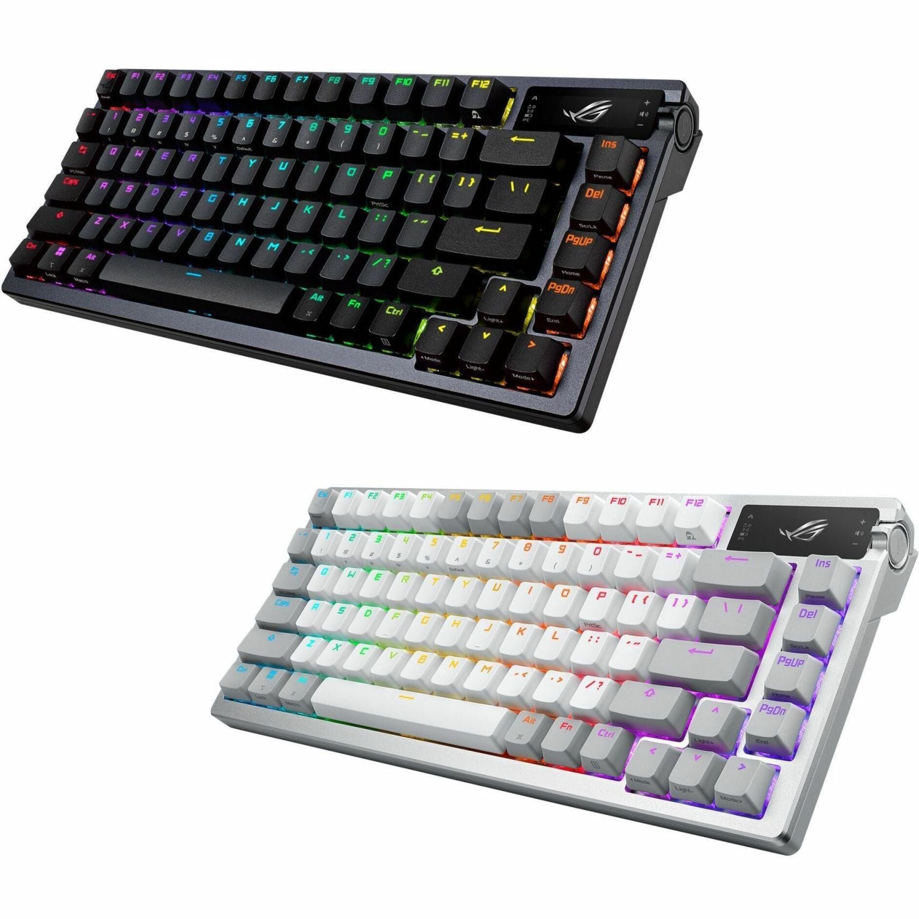 Angled view comparison of ROG Azoth keyboard in black and white colorways with RGB lighting-alternate-image8