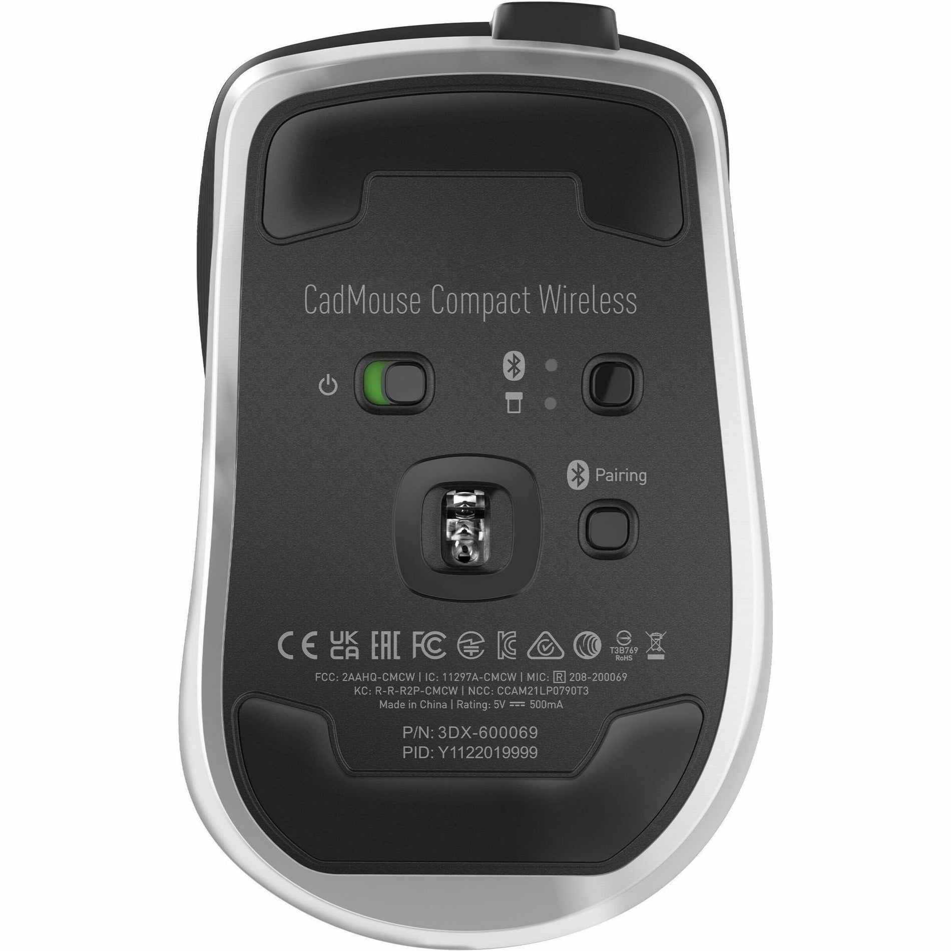 Bottom view of CadMouse showing connectivity controls and product specifications-alternate-image2