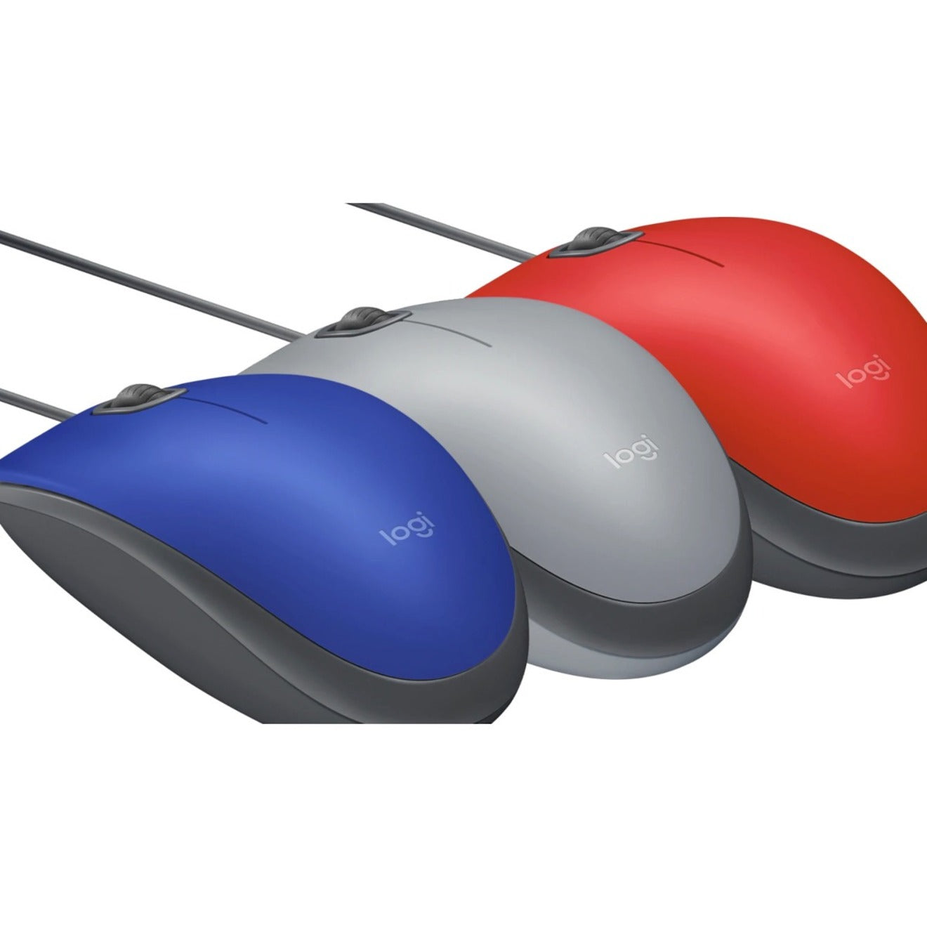 Three Logitech M110 Silent mice shown in blue, gray, and red colors-alternate-image5