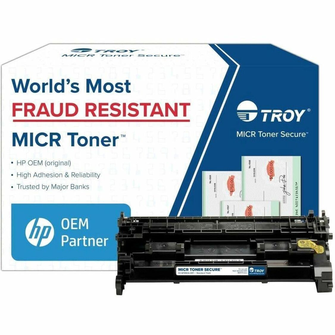 Troy MICR Toner Secure cartridge with fraud-resistant features, HP OEM partnership badge, and sample check prints-alternate-image1