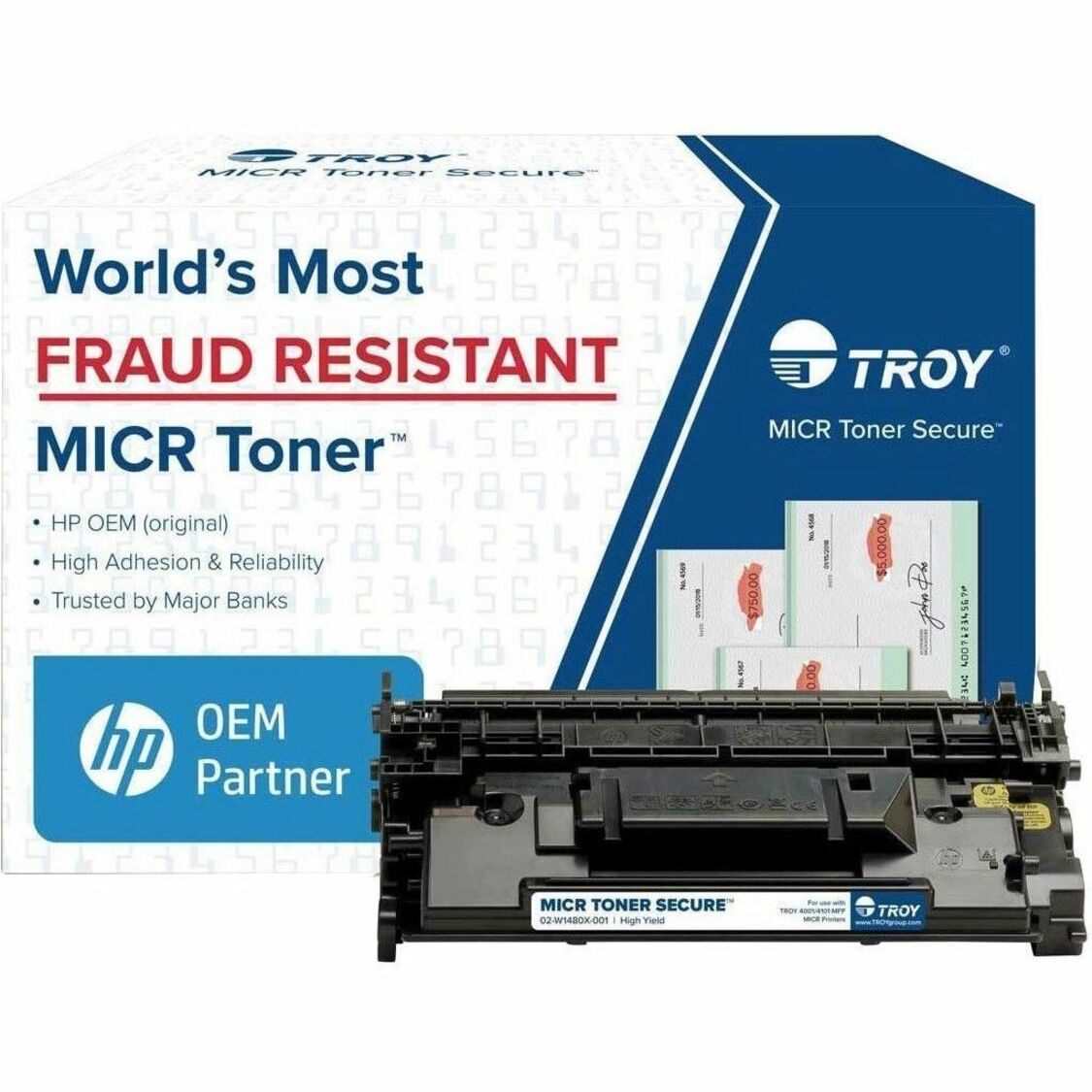 TROY MICR Toner Secure cartridge with fraud-resistant features, HP OEM partnership badge, and sample check prints showing security features-alternate-image1