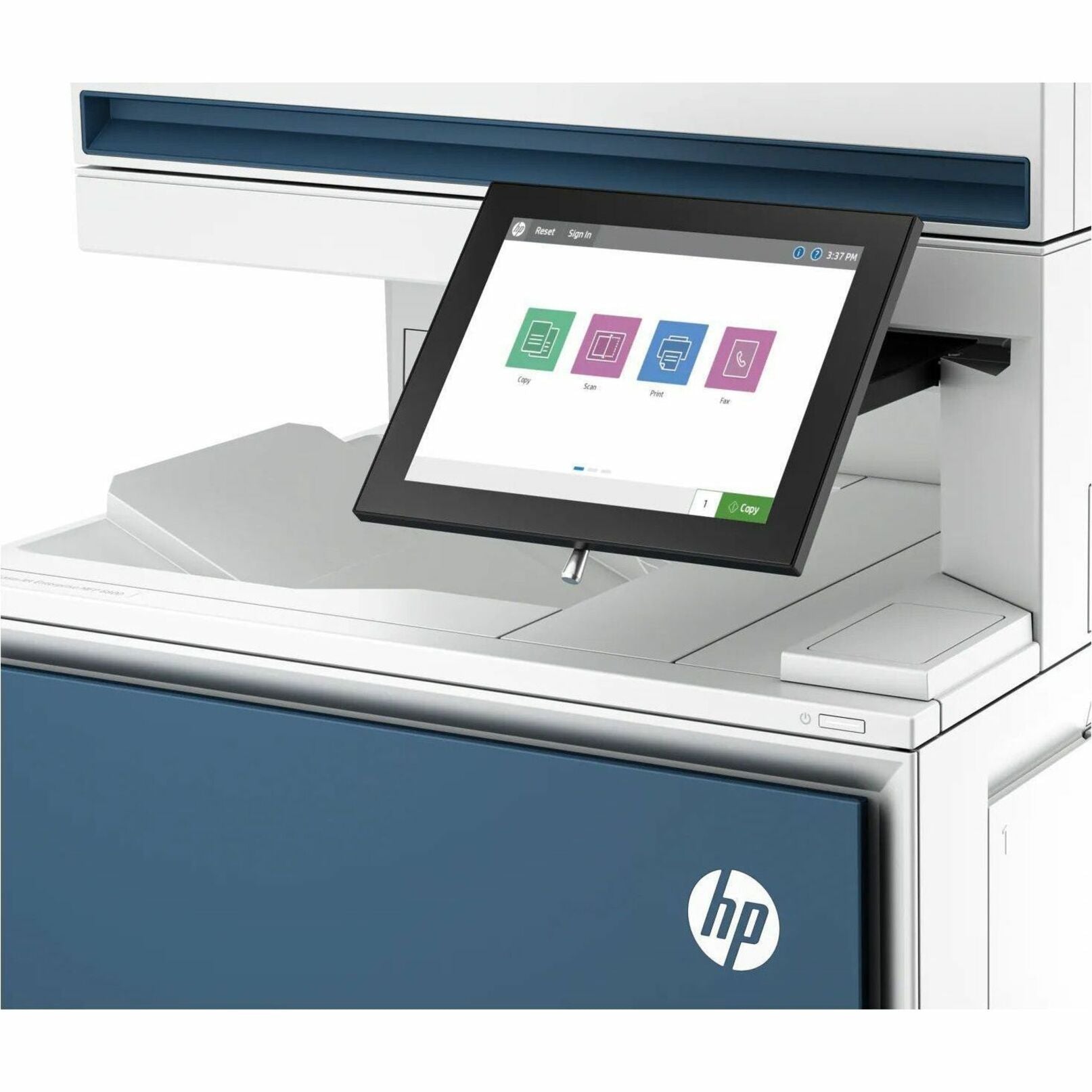 Close-up of HP LaserJet Enterprise MFP 6800dn touchscreen interface showing function icons-alternate-image6