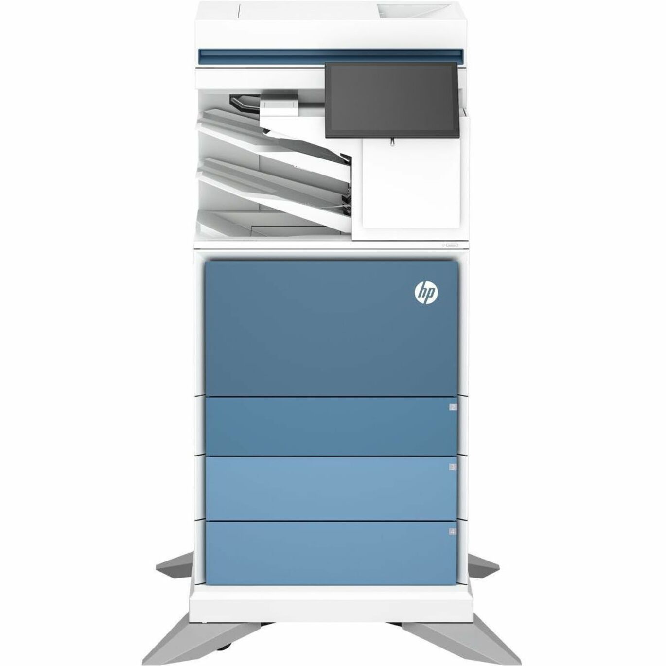 Front view of HP Color LaserJet Enterprise Flow MFP 6800zfsw showing stacked paper trays and touchscreen interface-alternate-image1