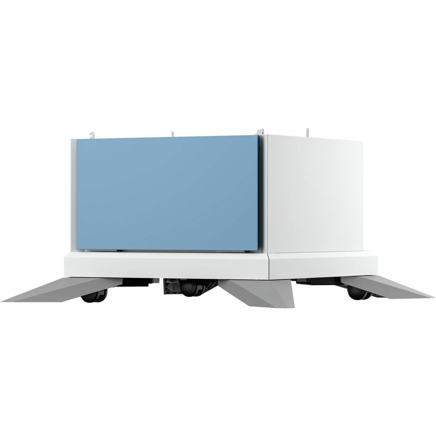 HP Color LaserJet Storage Stand side view showing white and blue panels with integrated wheels and ramps-alternate-image1