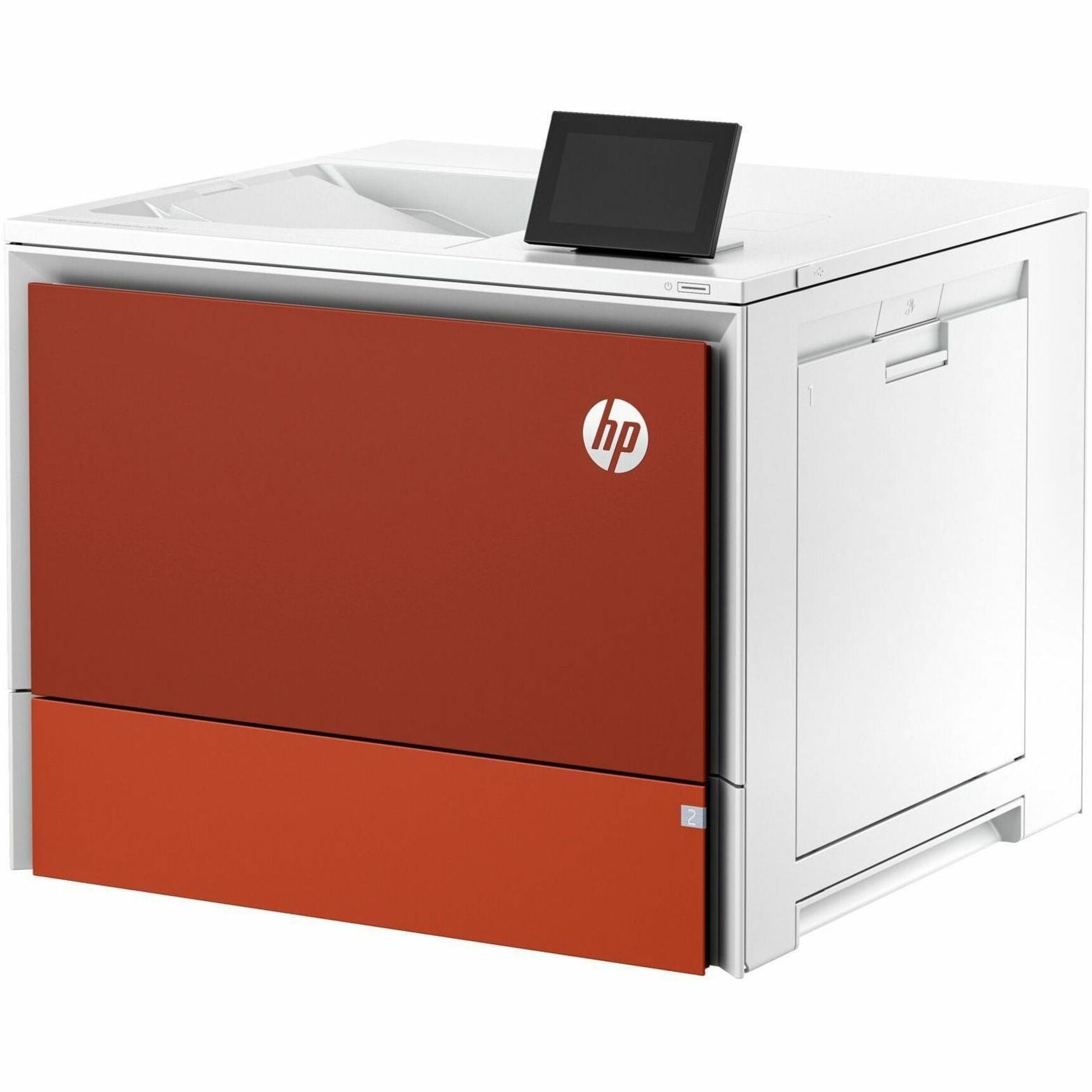 Side angle view of HP Color LaserJet Comet Red 550-sheet Paper Tray installed on a printer, showing white and red color scheme-alternate-image2