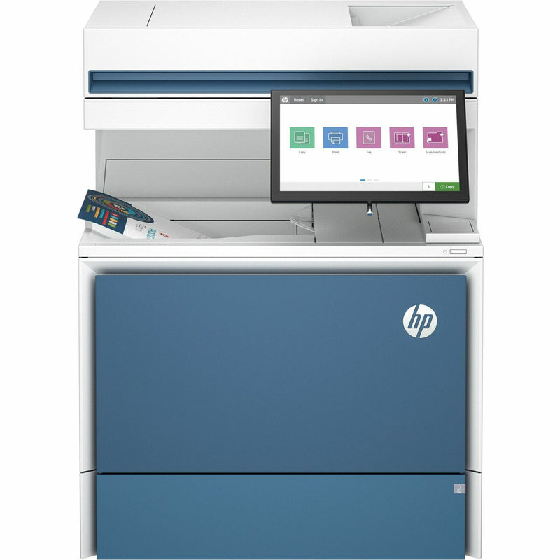 HP multifunction printer with document feeder and touchscreen showing scanning options