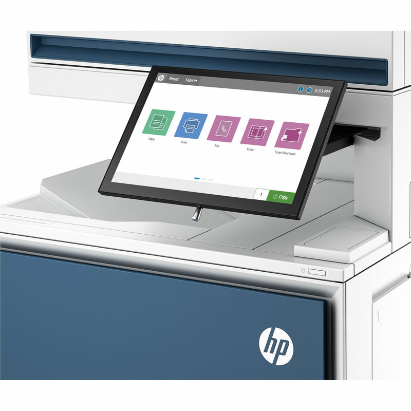 Close-up of HP printer's touchscreen interface showing function tiles and controls