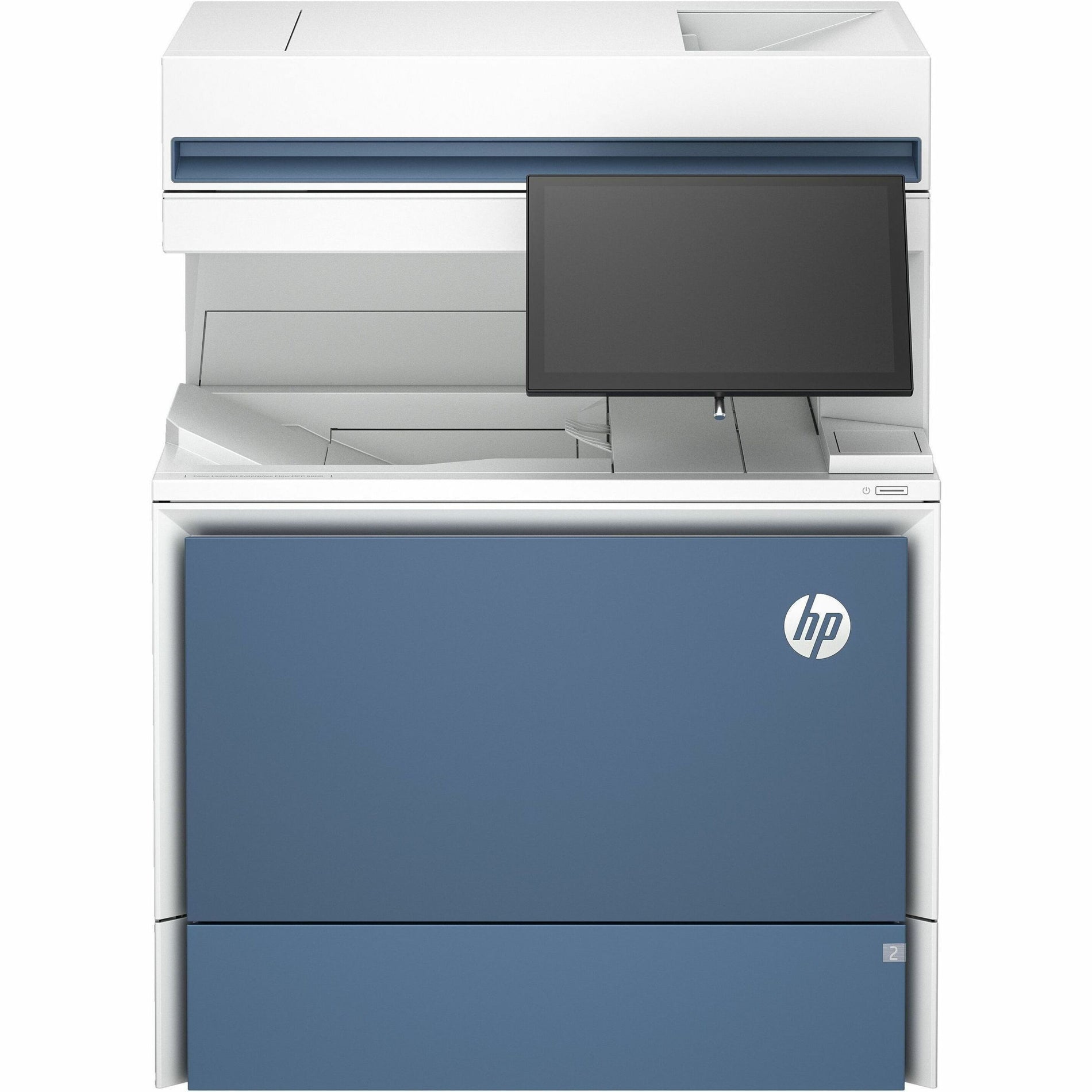 Front view of HP Color LaserJet Enterprise printer showcasing blue and white design elements-alternate-image2