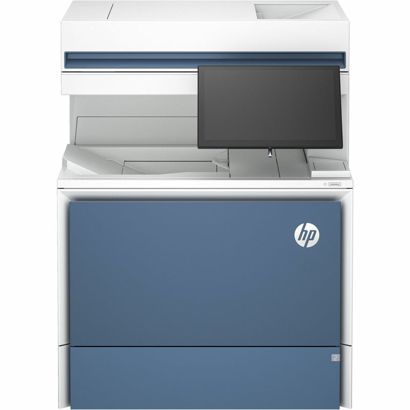 Front view of HP Color LaserJet Enterprise printer showcasing blue and white design elements