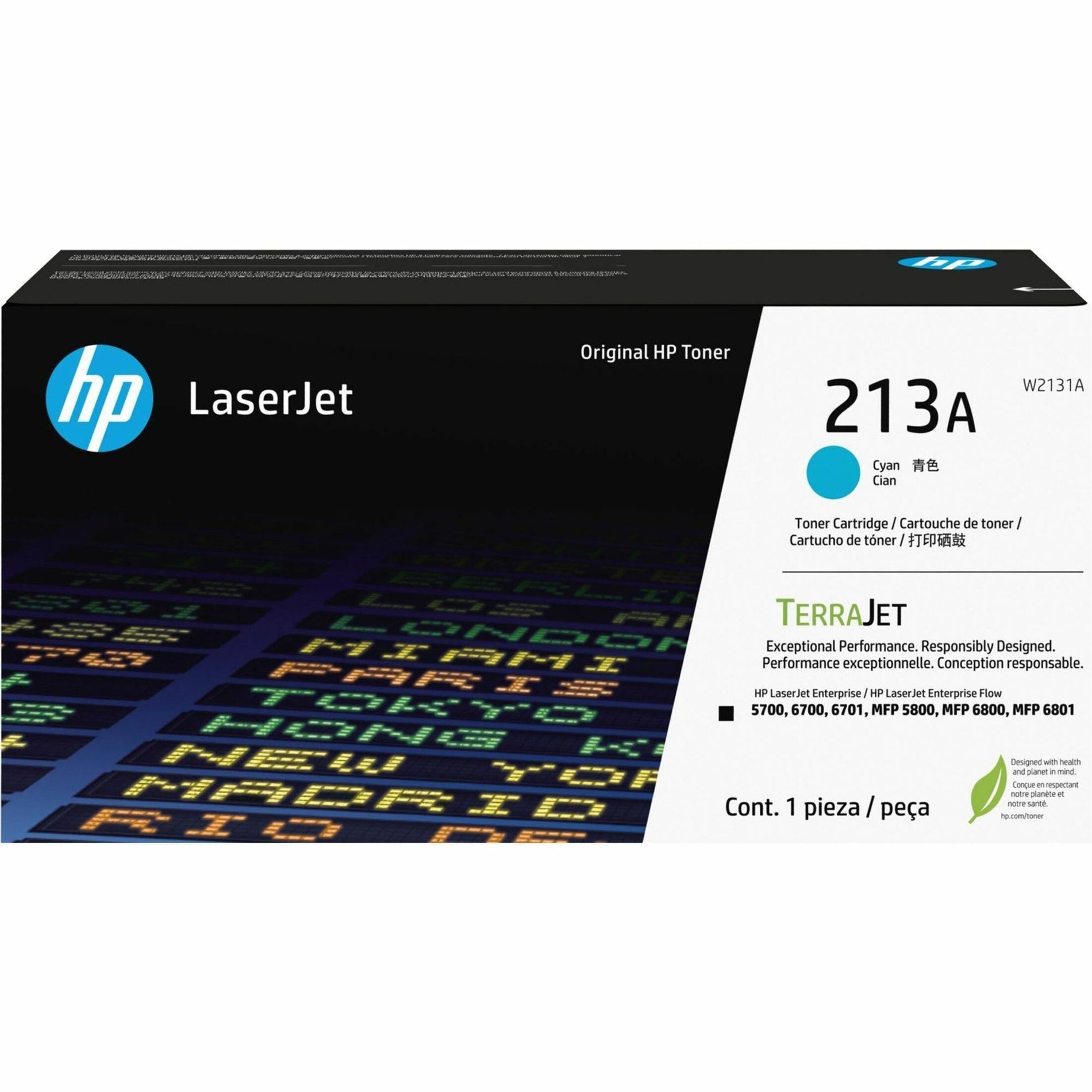 HP 213A Original Cyan LaserJet Toner Cartridge with TerraJet technology in retail packaging, featuring eco-friendly design elements-alternate-image1