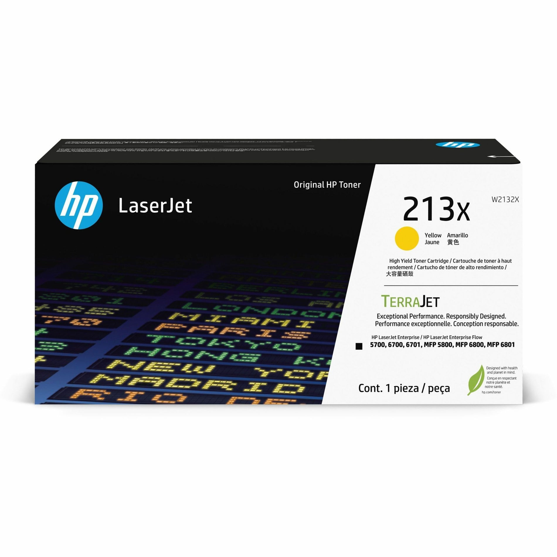 HP 213X Original Yellow Toner Cartridge W2132X packaging showing TerraJet technology and compatibility information-alternate-image1