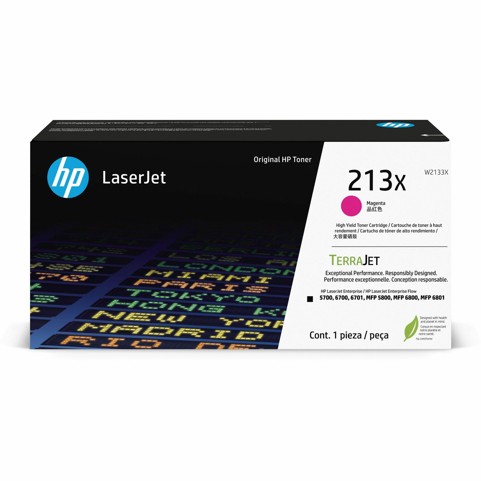 HP 213X Original Magenta Toner Cartridge W2133X in black retail packaging with TerraJet eco-friendly branding-alternate-image1