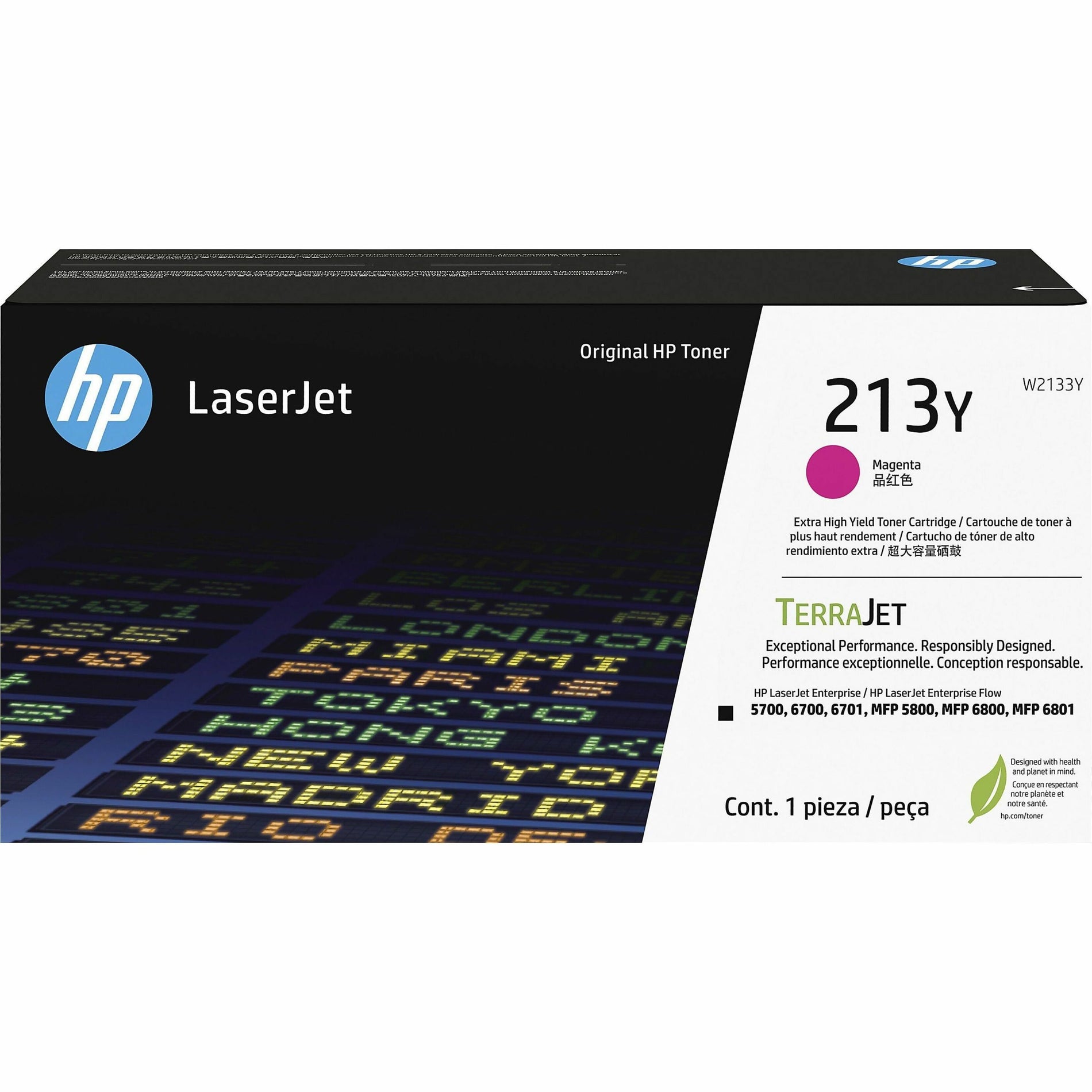 HP 213Y Original Magenta LaserJet Toner Cartridge packaging showing TerraJet technology and enterprise printer compatibility-alternate-image1