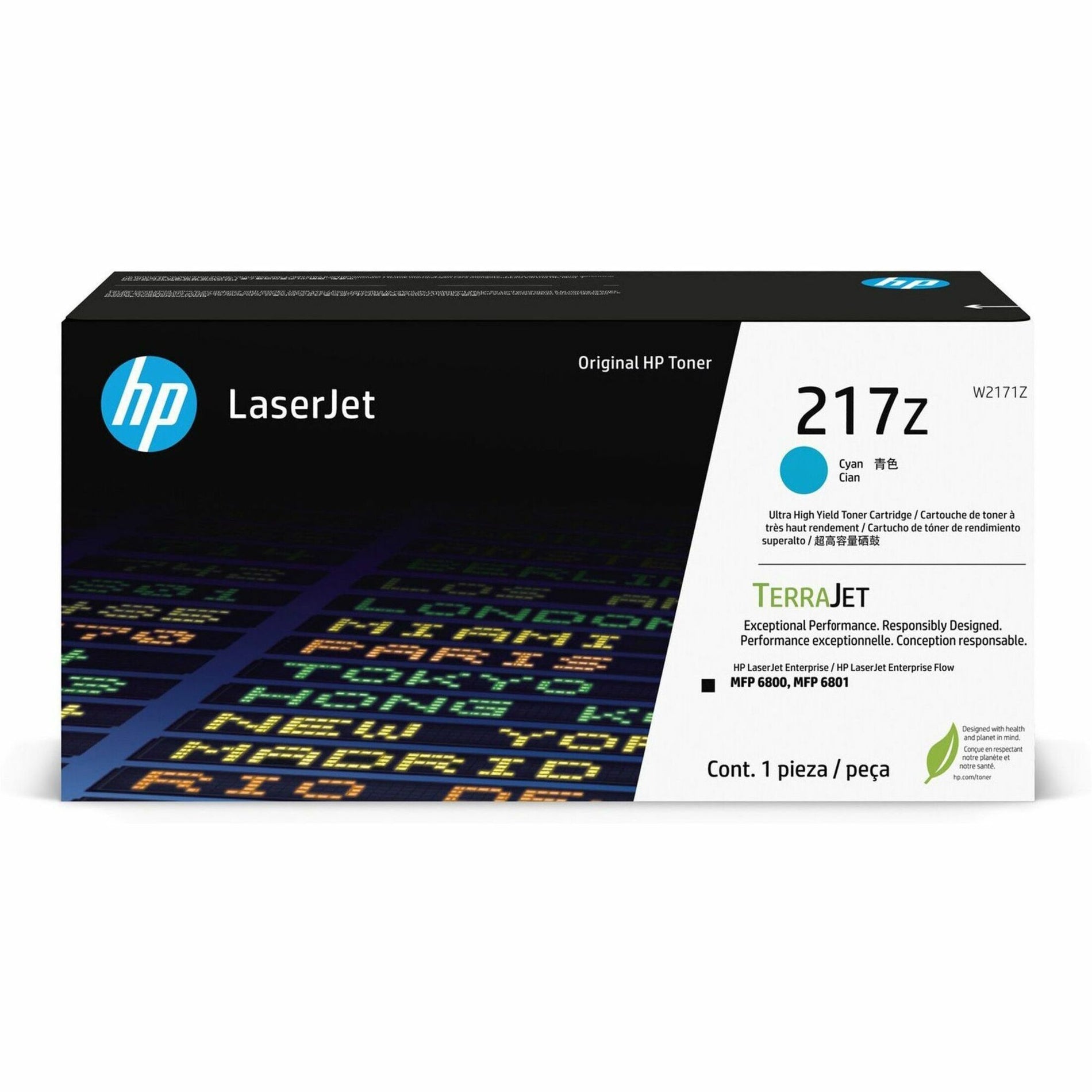 HP 217Z Original Cyan LaserJet Toner Cartridge with TerraJet technology in retail packaging, featuring eco-friendly design and security features-alternate-image1