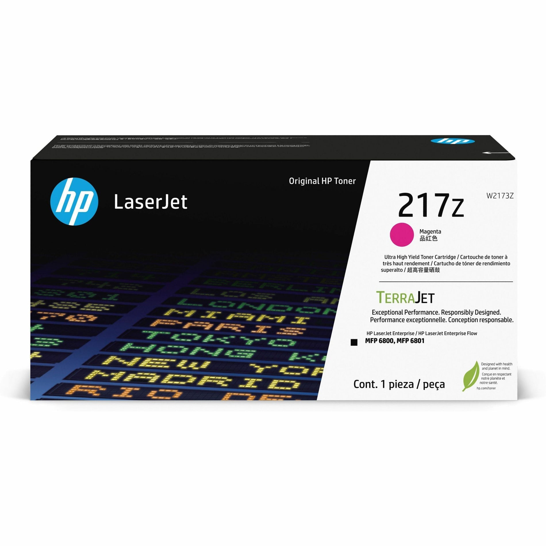 HP 217Z Original Magenta LaserJet Toner Cartridge with TerraJet technology in retail packaging featuring digital matrix design-alternate-image1