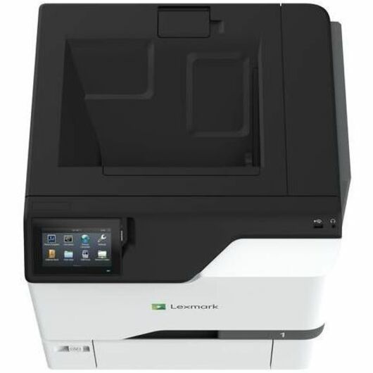 Angled view of Lexmark CS737dze emphasizing paper handling and interface features