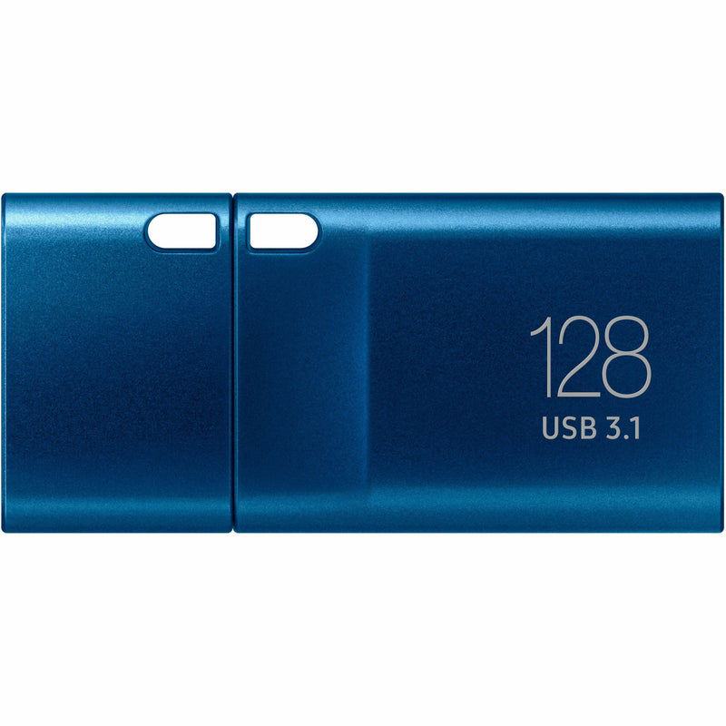 Side view of Samsung 128GB USB Type-C flash drive showing capacity marking and slim profile