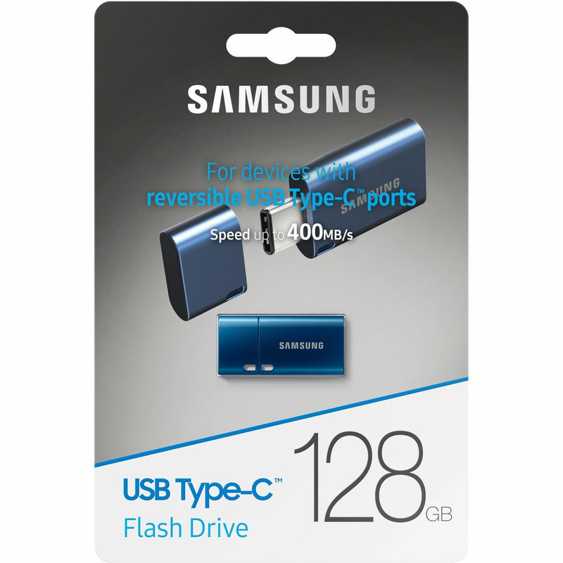 Samsung USB Type-C flash drive retail packaging showing speed specifications and device compatibility