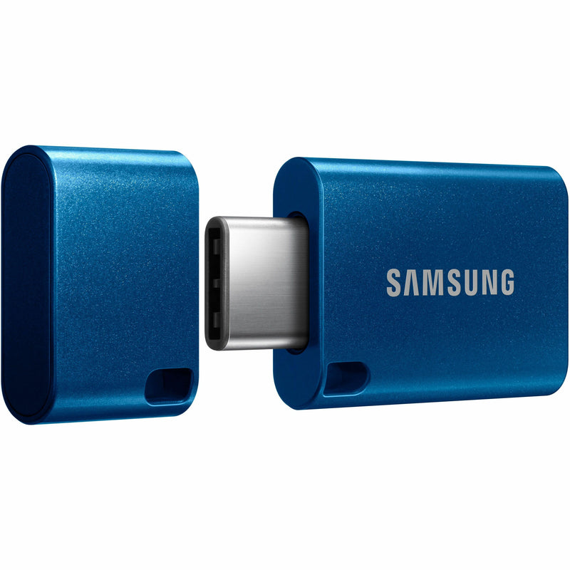 Samsung USB Type-C flash drive in metallic blue showing the two-piece design with USB-C connector