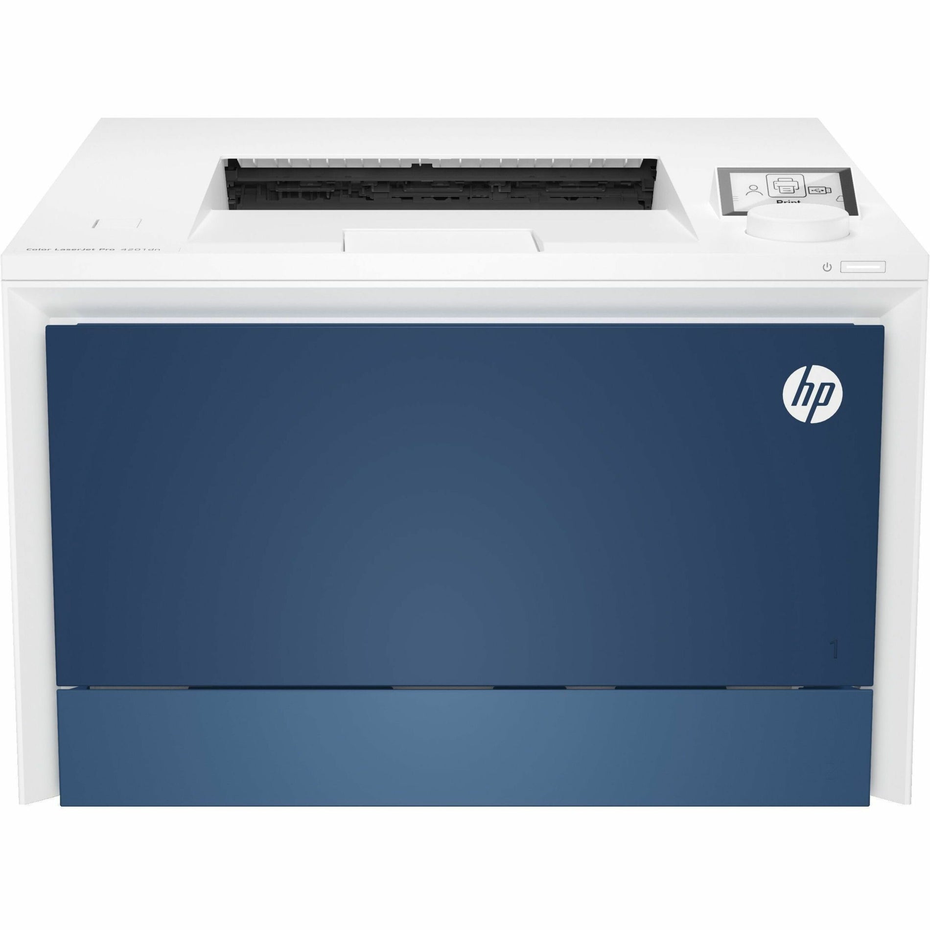 Front view of HP Color LaserJet Pro 4201dn printer featuring blue and white design with LCD display panel-alternate-image1