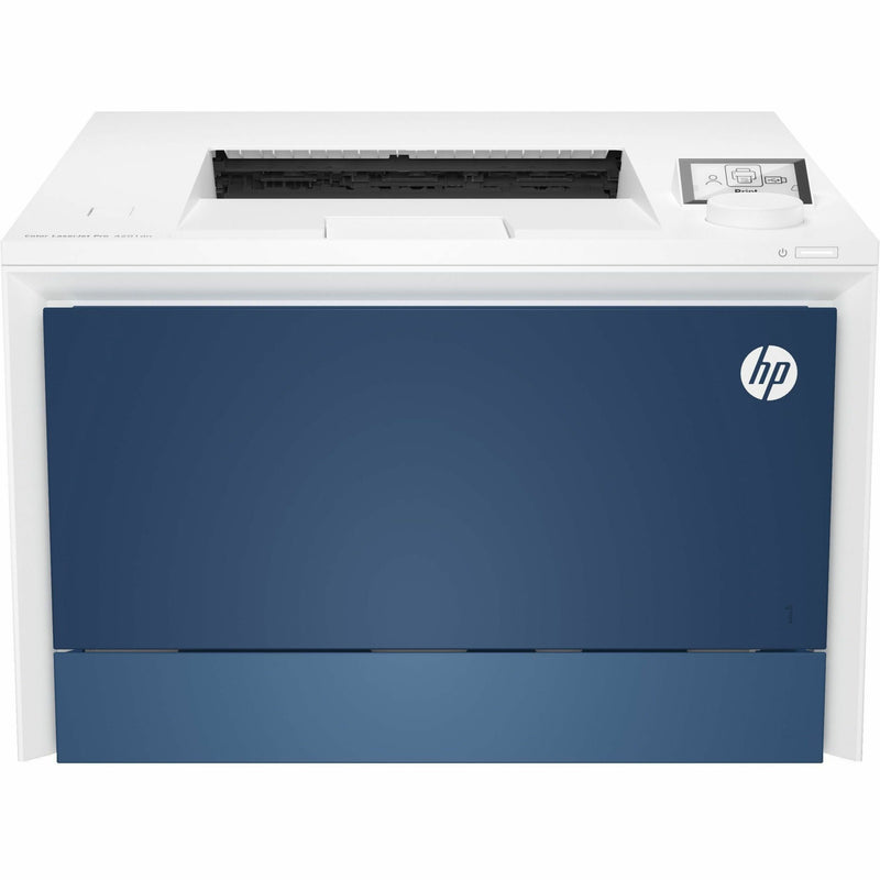 Front view of HP Color LaserJet Pro 4201dn printer featuring blue and white design with LCD display panel