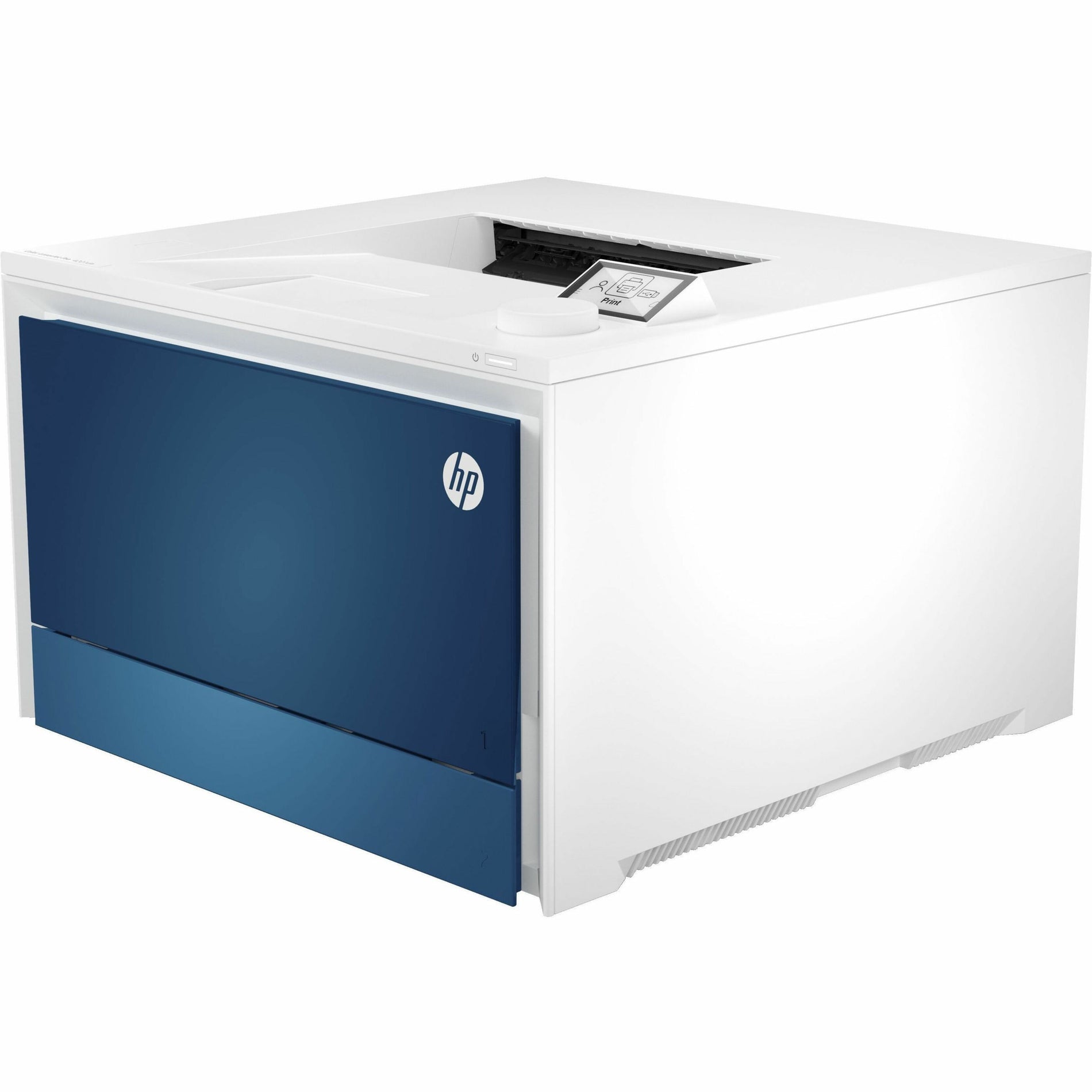 Side angle view of HP Color LaserJet Pro 4201dn showing compact form factor and blue accent panel-alternate-image2