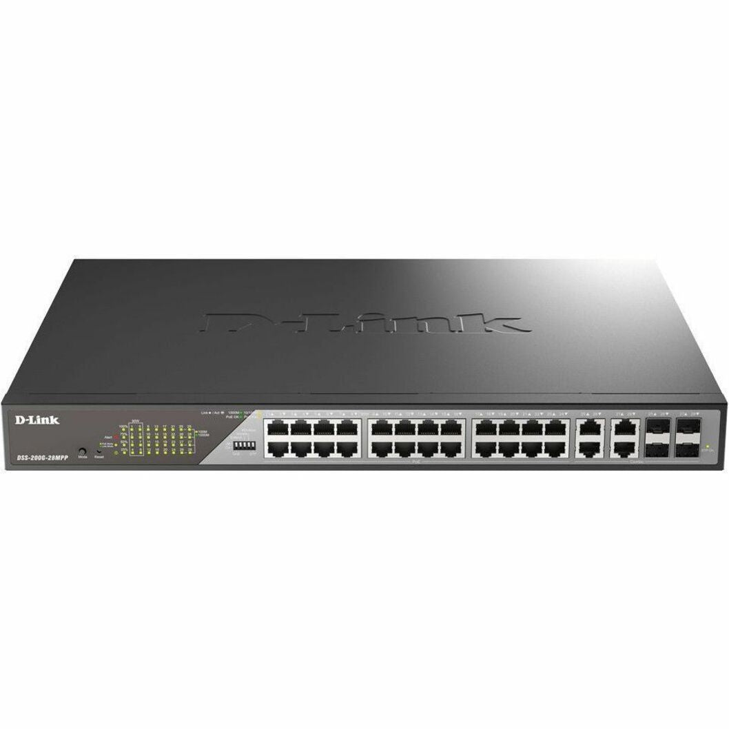 Front view of D-Link DSS-200G-28MPP network switch showing 28 ports and LED status indicators-alternate-image1